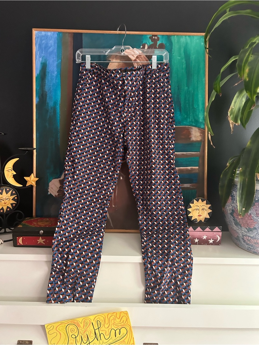 Zara Basic Geometric Print Slim Ankle Pants Navy Rust White Women’s Size 6